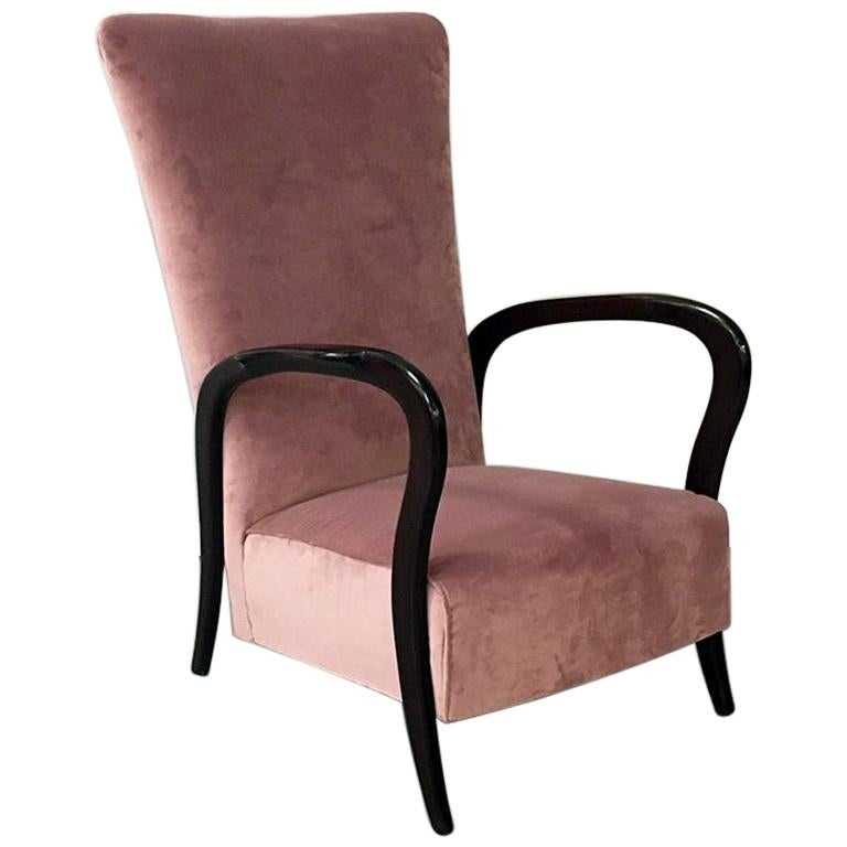 Italian Midcentury Pink Velvet and Wood Armchair with Curved Armrests, 1950s