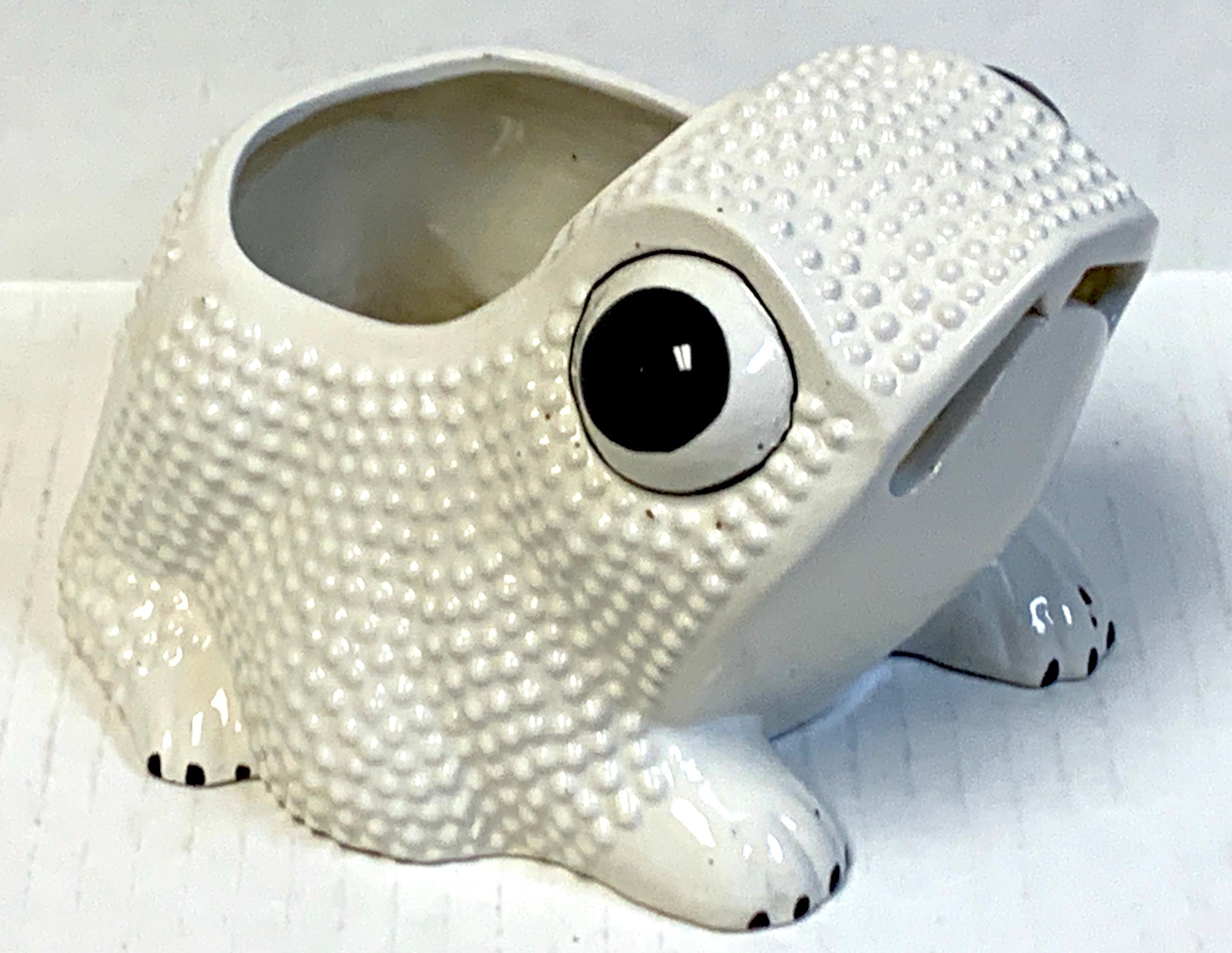 Italian midcentury pottery frog planter, in black and white with expressive eyes, with a 3.75