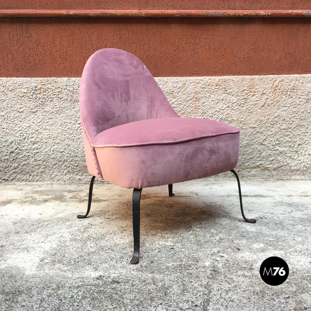 Italian Midcentury Purple and Pink Velvet and Metal Armchairs and Pouf, 1950s 7