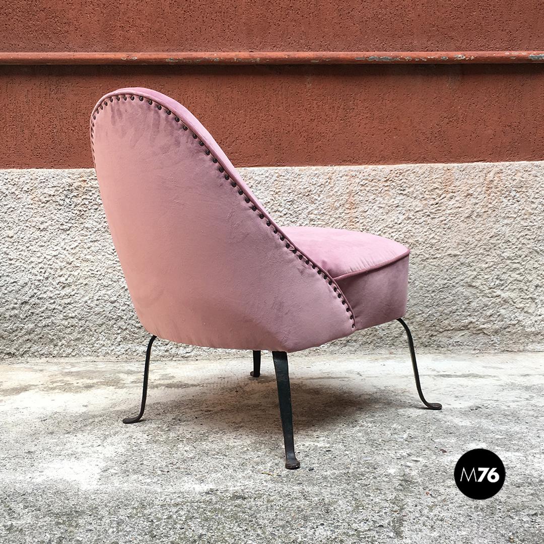 Italian Midcentury Purple and Pink Velvet and Metal Armchairs and Pouf, 1950s 8