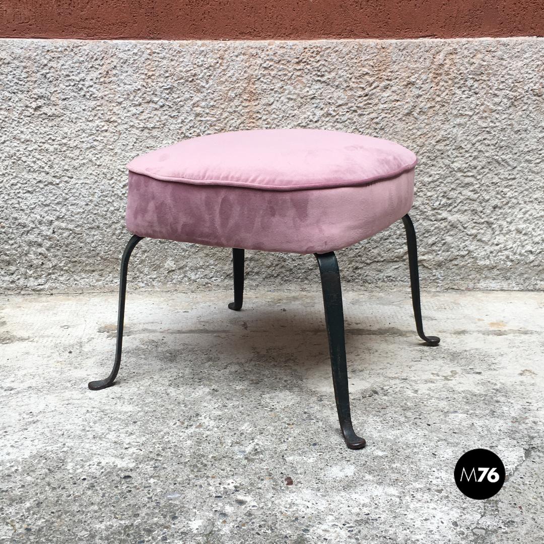 Italian Midcentury Purple and Pink Velvet and Metal Armchairs and Pouf, 1950s 9
