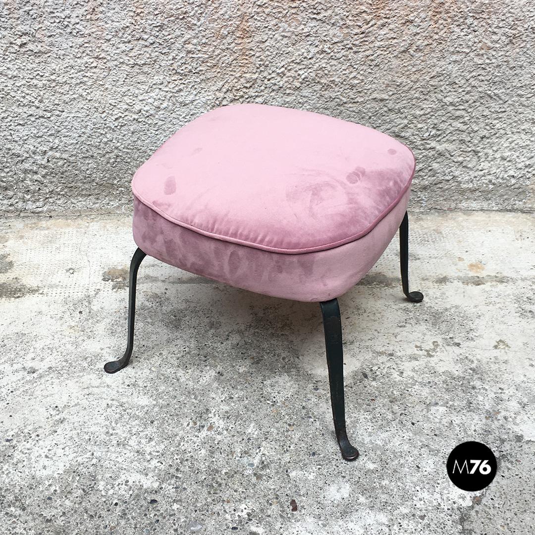 Italian Midcentury Purple and Pink Velvet and Metal Armchairs and Pouf, 1950s 10