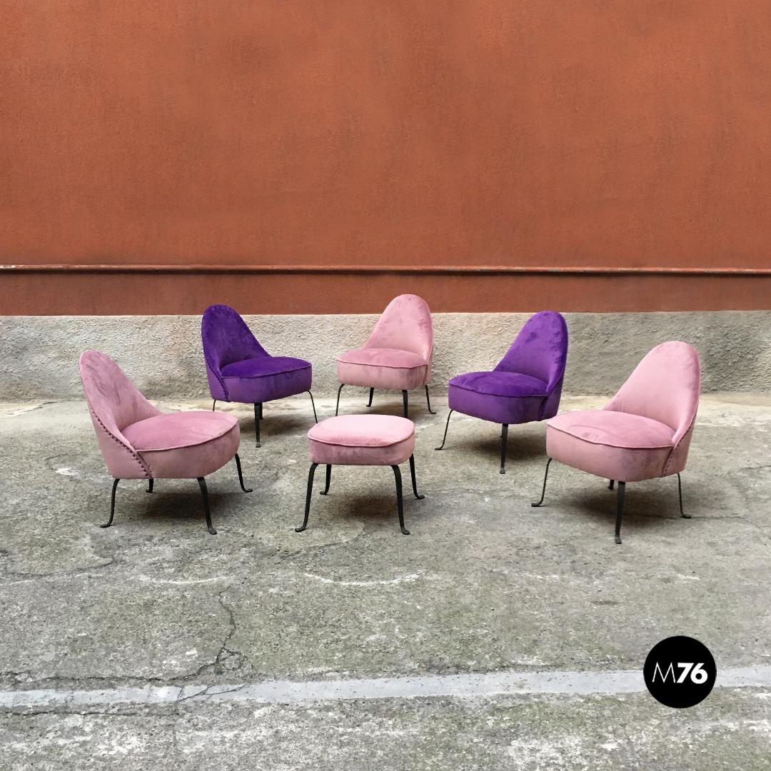 Italian midcentury purple and pink velvet and metal armchairs and pouf, 1950s
Purple and pink velvet armchairs with fully padded seat covered with a new velvet and curved metal legs and with a pink velvet pouf.
Very good condition.
Measures: 58 x
