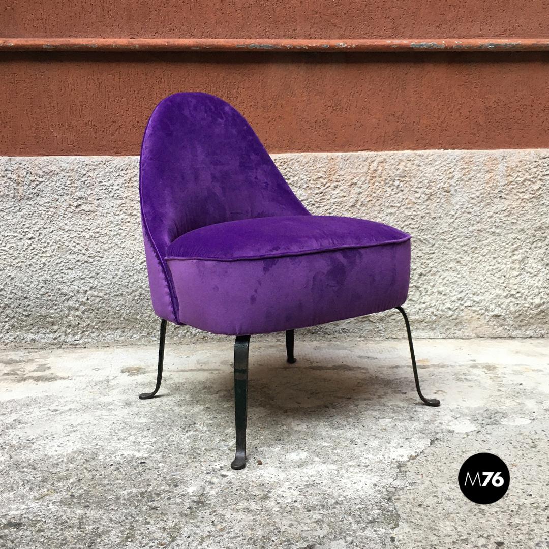 Mid-Century Modern Italian Midcentury Purple and Pink Velvet and Metal Armchairs and Pouf, 1950s