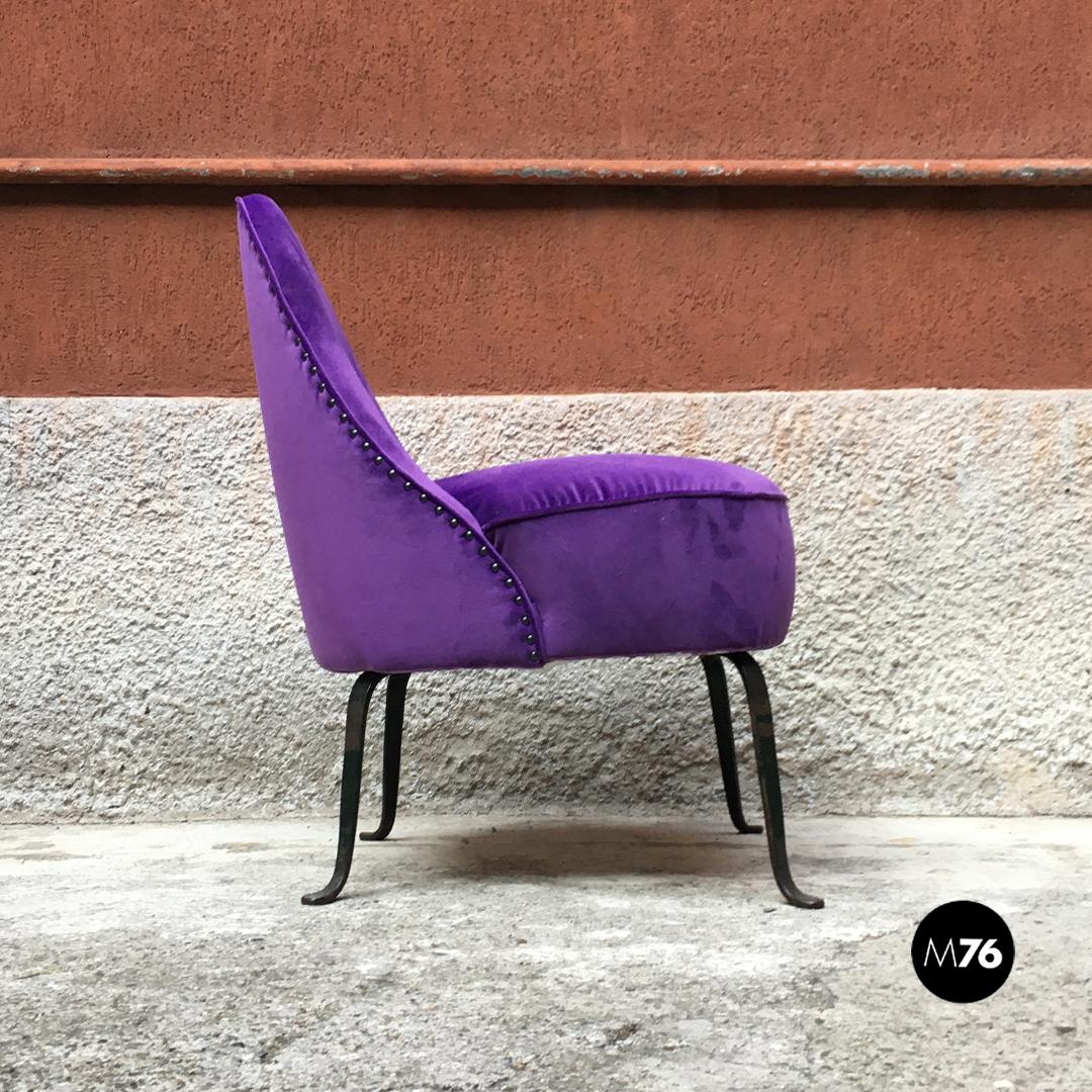 Italian Midcentury Purple and Pink Velvet and Metal Armchairs and Pouf, 1950s In Good Condition In MIlano, IT