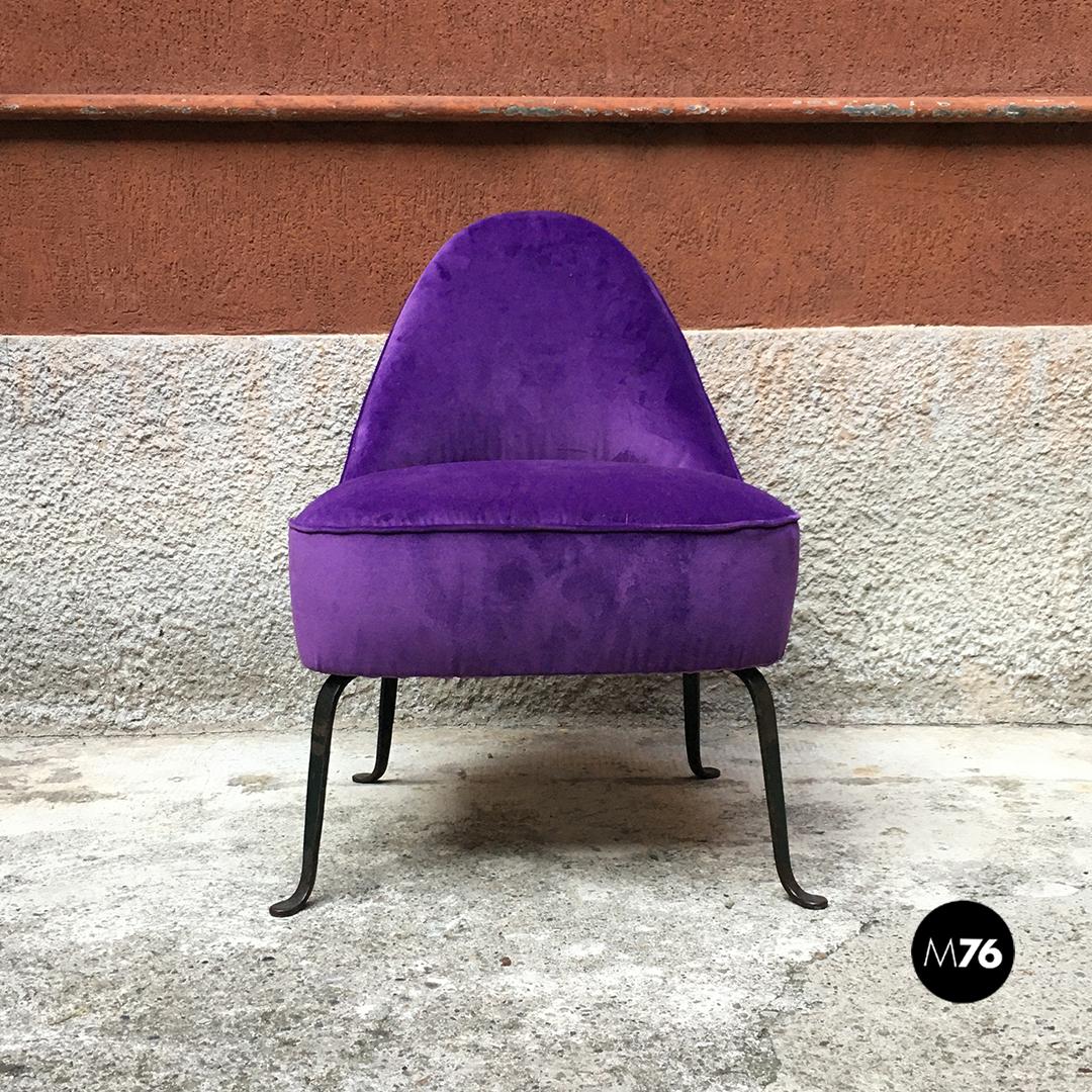 Mid-20th Century Italian Midcentury Purple and Pink Velvet and Metal Armchairs and Pouf, 1950s