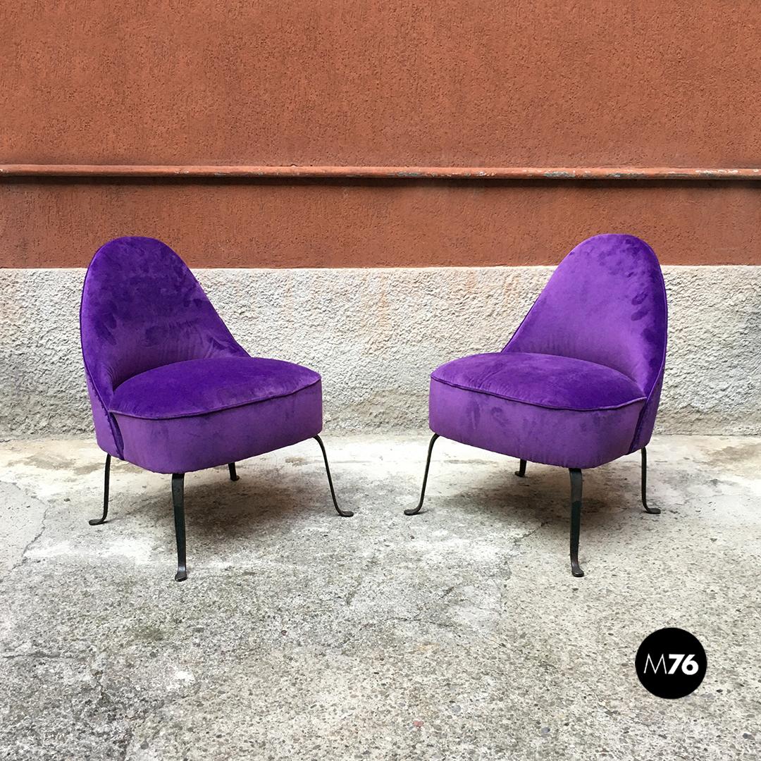 Italian Midcentury Purple and Pink Velvet and Metal Armchairs and Pouf, 1950s 2