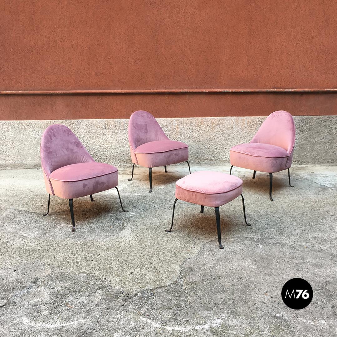 Italian Midcentury Purple and Pink Velvet and Metal Armchairs and Pouf, 1950s 3