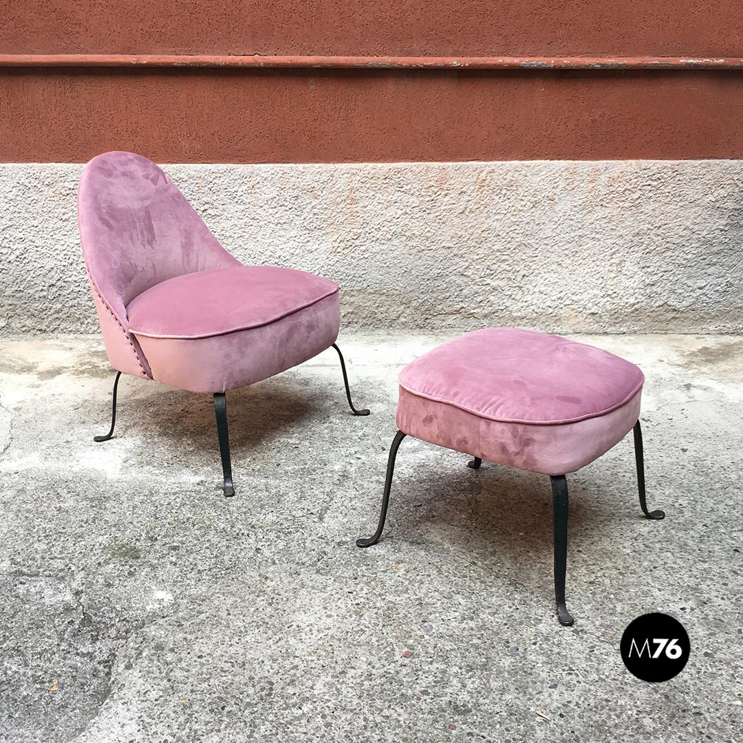 Italian Midcentury Purple and Pink Velvet and Metal Armchairs and Pouf, 1950s 4