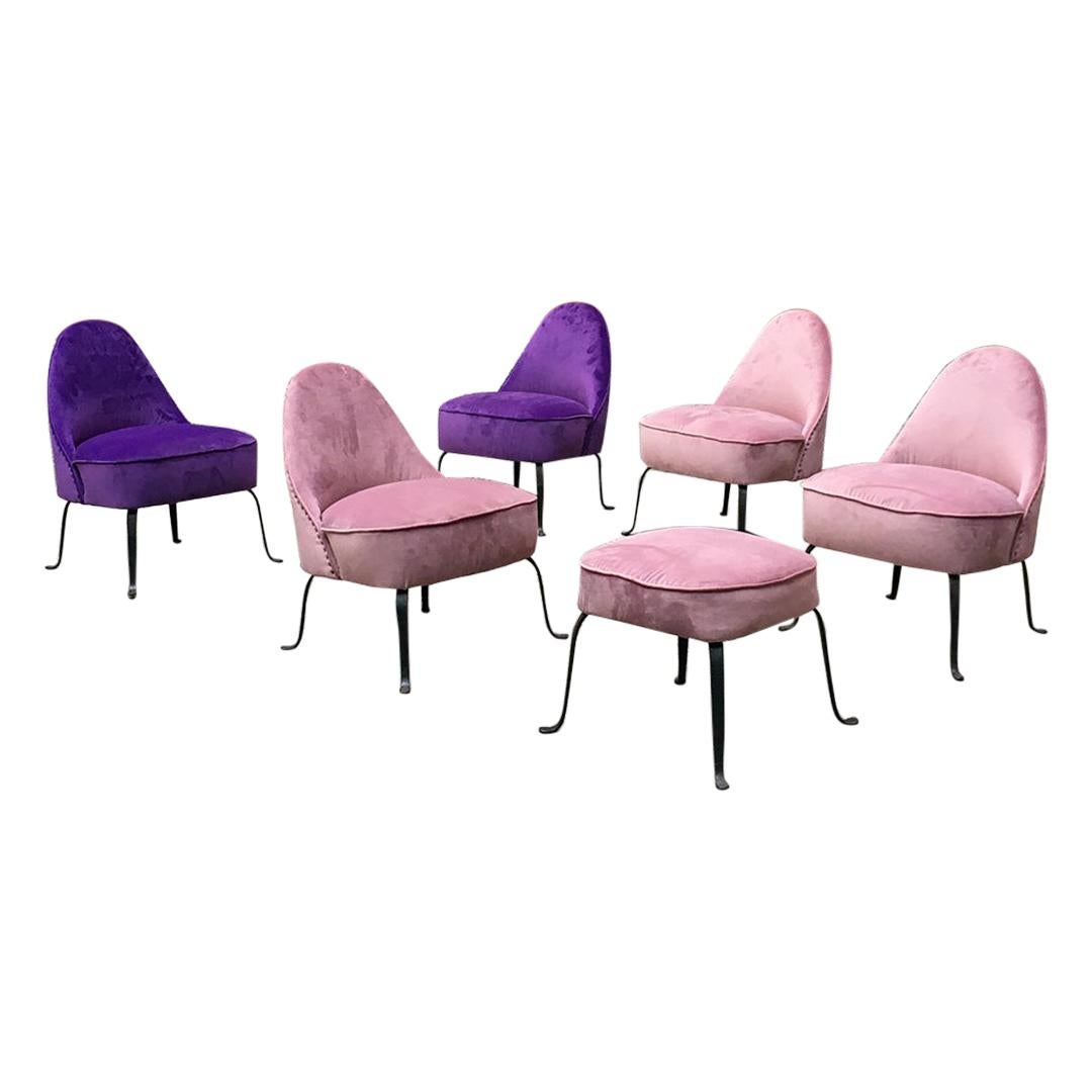Italian Midcentury Purple and Pink Velvet and Metal Armchairs and Pouf, 1950s