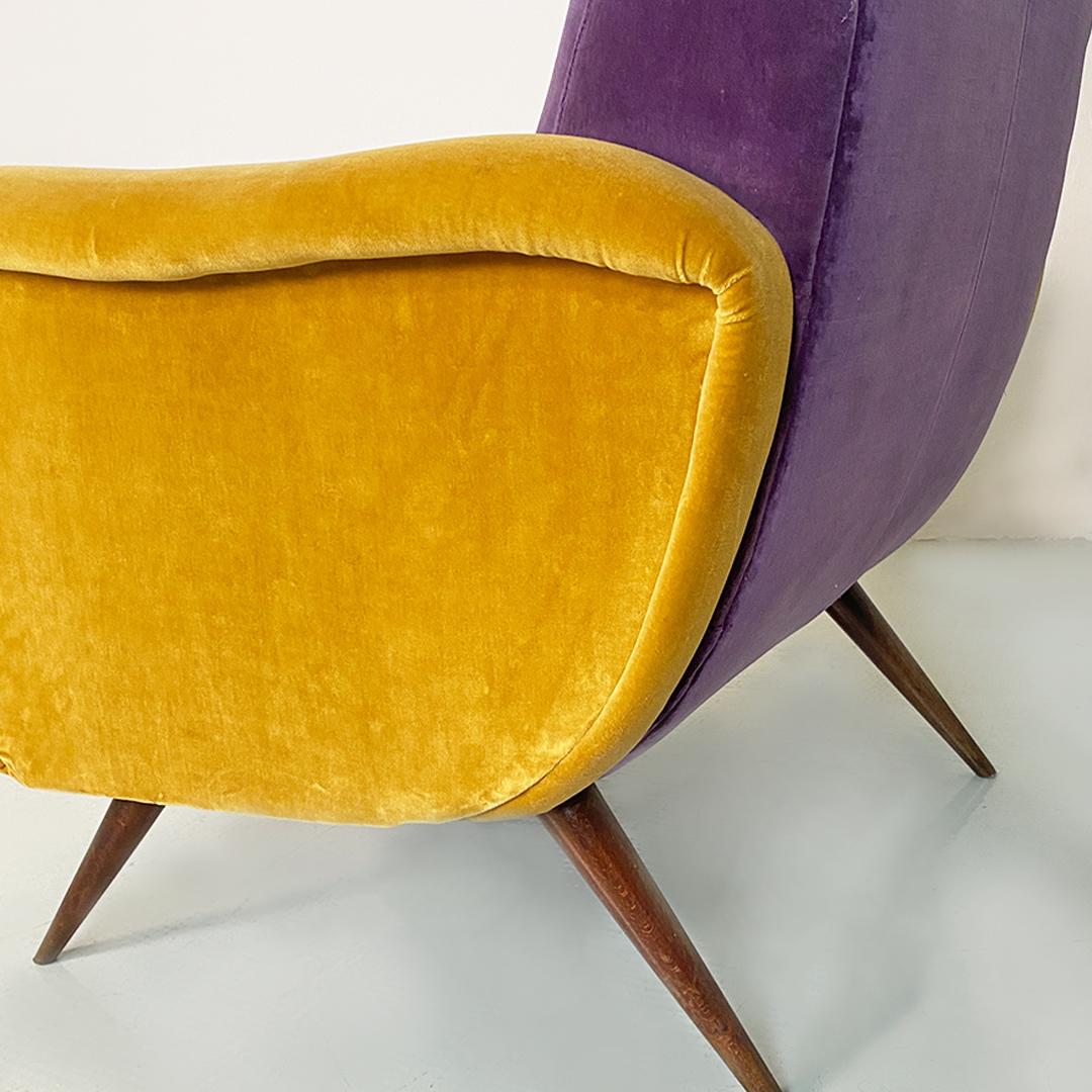 Italian mid century purple and yellow armchair with wood conical legs, 1960s For Sale 6