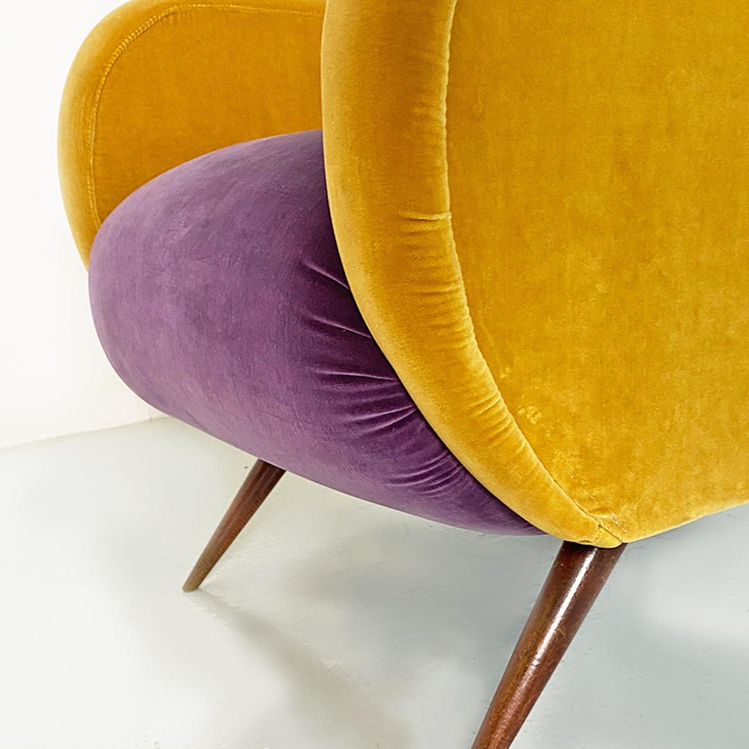 Italian mid century purple and yellow armchair with wood conical legs, 1960s For Sale 7