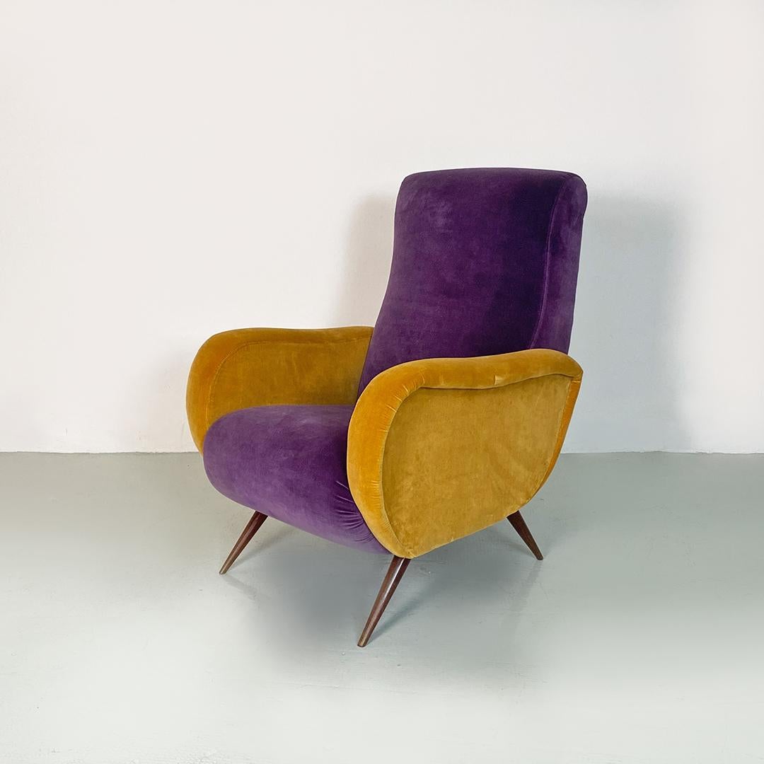 Mid-Century Modern Italian mid century purple and yellow armchair with wood conical legs, 1960s For Sale