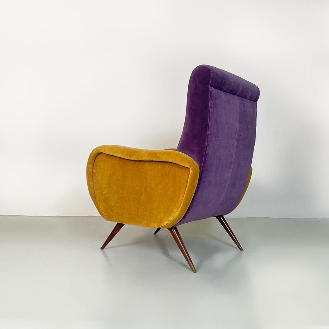 Wood Italian mid century purple and yellow armchair with wood conical legs, 1960s For Sale