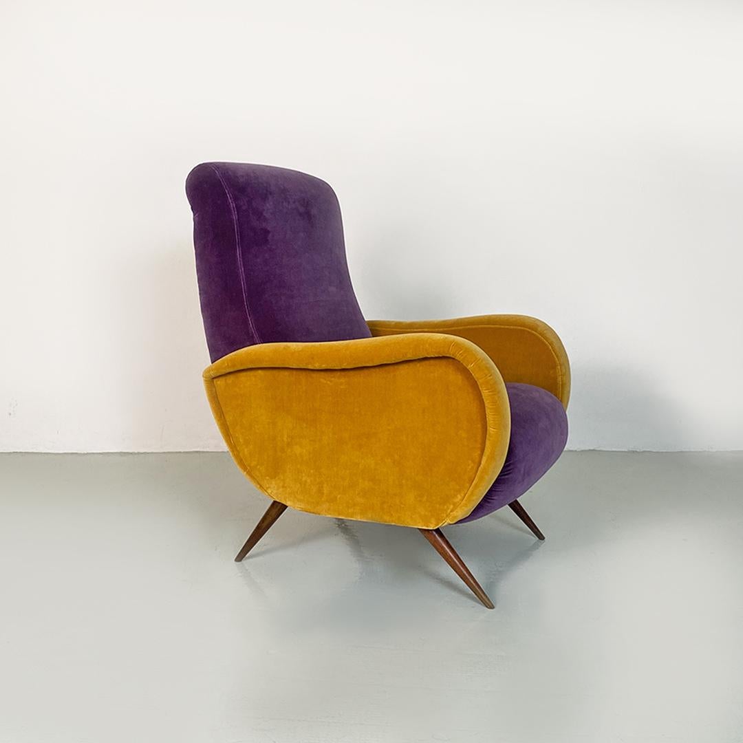 Italian mid century purple and yellow armchair with wood conical legs, 1960s For Sale 1