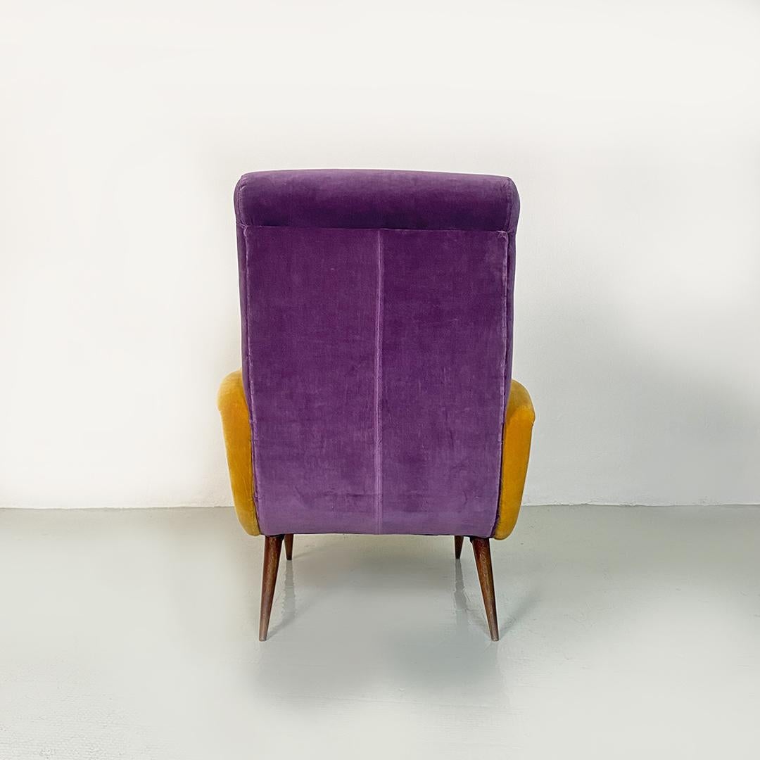 Italian mid century purple and yellow armchair with wood conical legs, 1960s For Sale 2