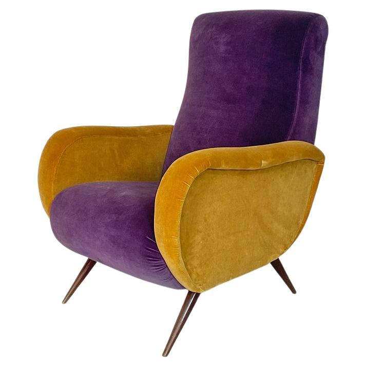Italian mid century purple and yellow armchair with wood conical legs, 1960s For Sale
