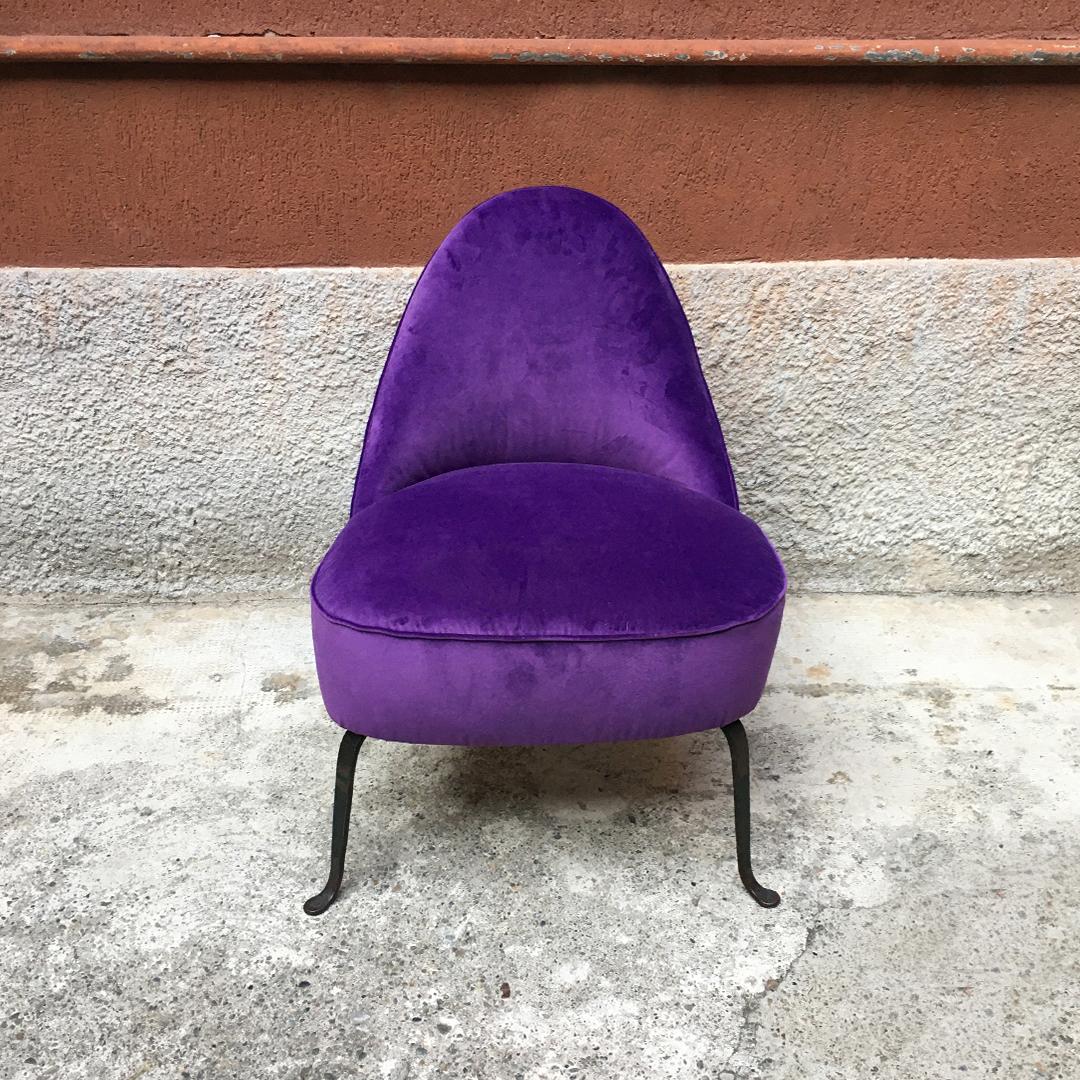 Italian Midcentury Purple Velvet and Metal Legs Set of Armchairs, 1950s 5