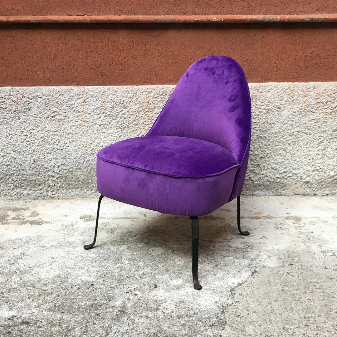 Italian Midcentury Purple Velvet and Metal Legs Set of Armchairs, 1950s 6