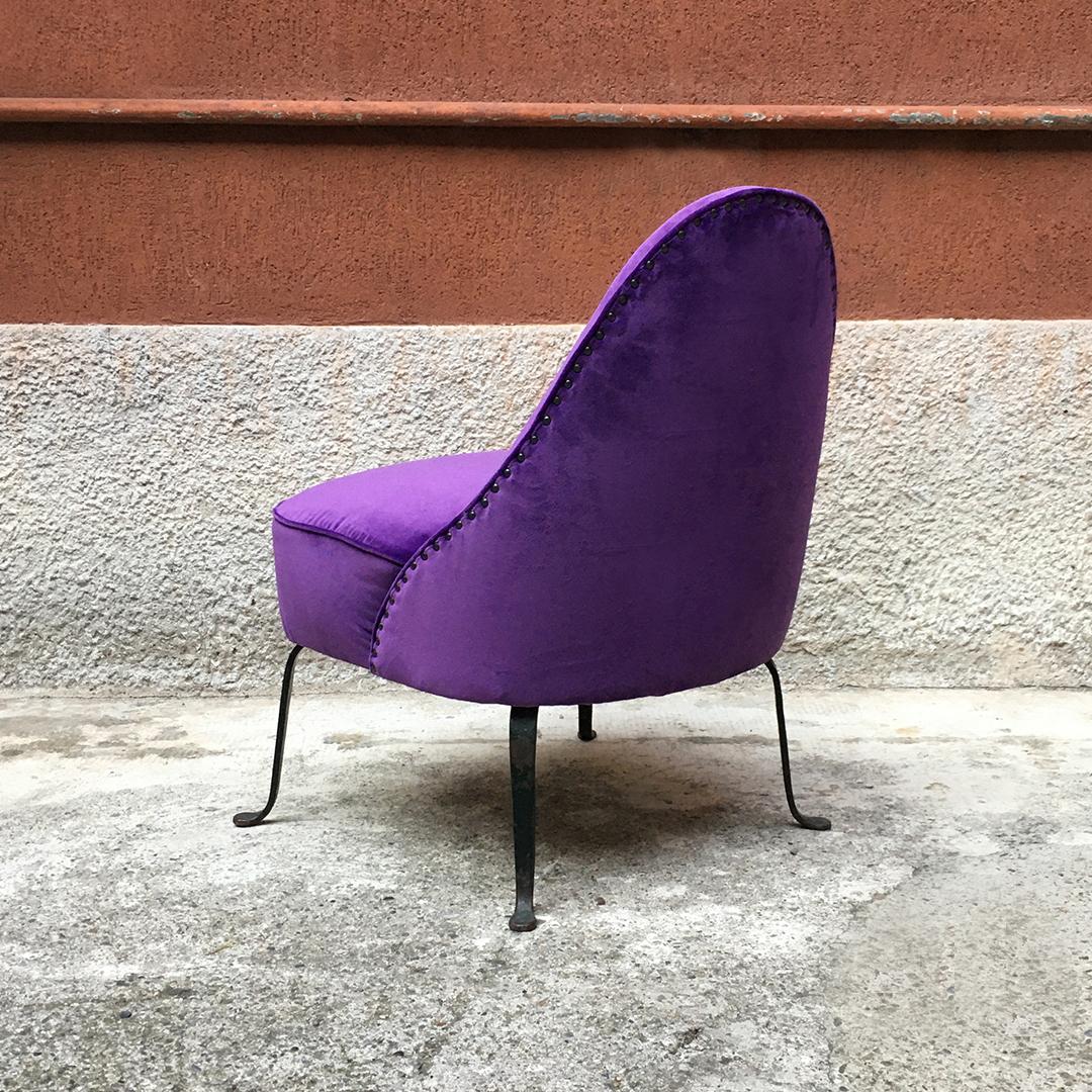 Italian Midcentury Purple Velvet and Metal Legs Set of Armchairs, 1950s 7