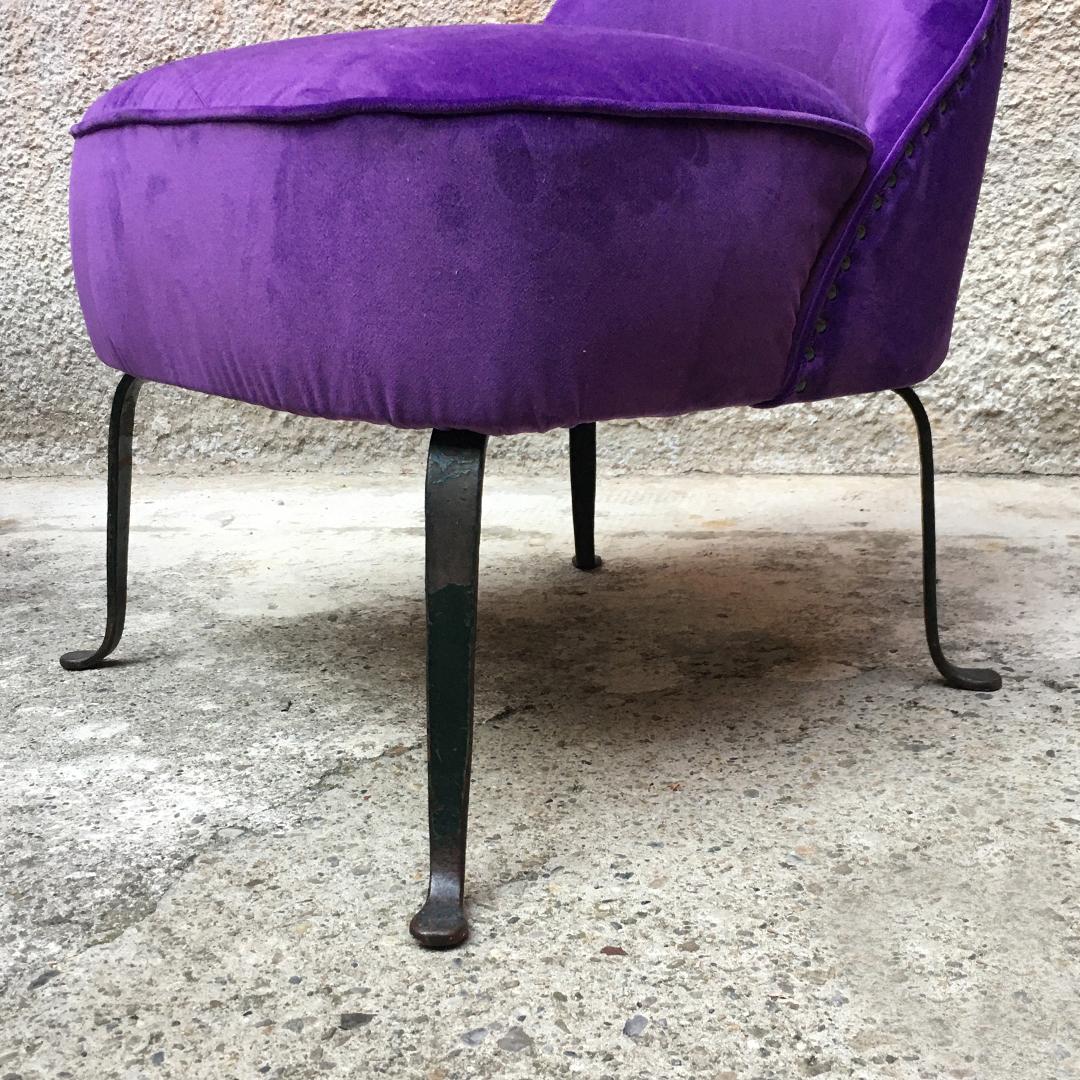 Italian Midcentury Purple Velvet and Metal Legs Set of Armchairs, 1950s 9