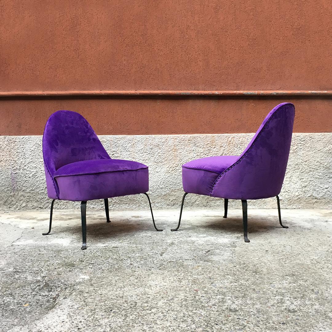 Italian midcentury purple velvet and metal legs set of armchairs, 1950s
Purple velvet armchairs with fully padded seat covered with a new velvet and curved metal legs, circa 1950.
Very good condition.
Measures: 58 x 65 x 75 H cm.
   