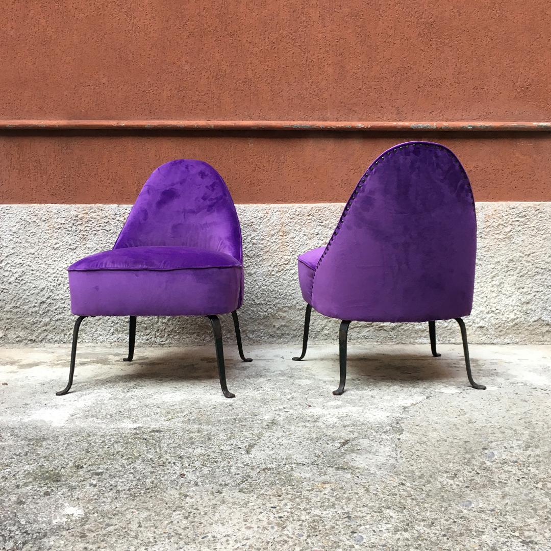 Mid-Century Modern Italian Midcentury Purple Velvet and Metal Legs Set of Armchairs, 1950s