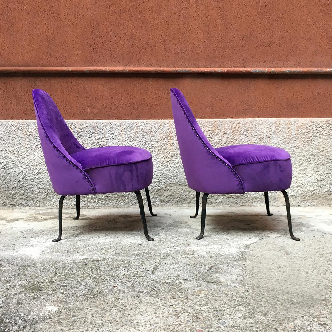 Italian Midcentury Purple Velvet and Metal Legs Set of Armchairs, 1950s In Good Condition In MIlano, IT