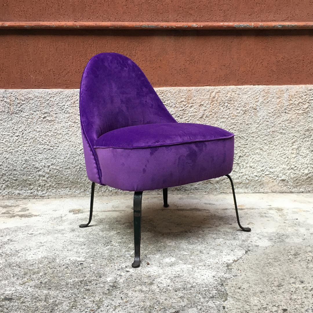Mid-20th Century Italian Midcentury Purple Velvet and Metal Legs Set of Armchairs, 1950s