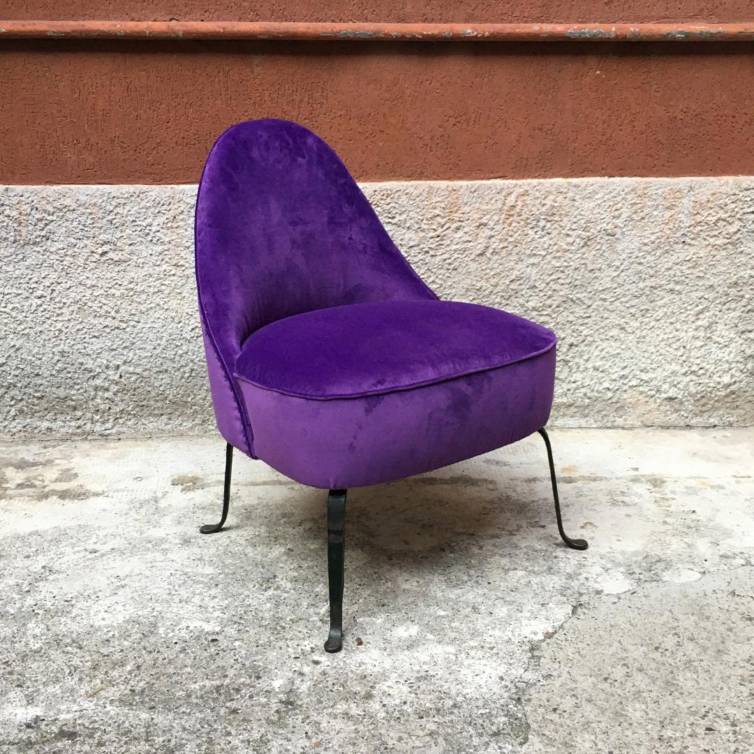 Italian Midcentury Purple Velvet and Metal Legs Set of Armchairs, 1950s 1