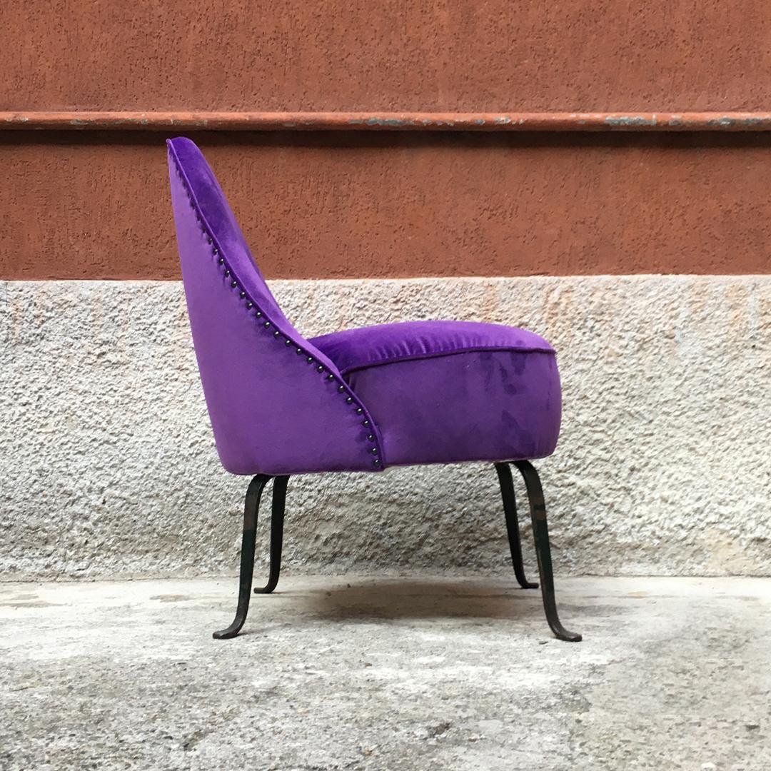 Italian Midcentury Purple Velvet and Metal Legs Set of Armchairs, 1950s 2