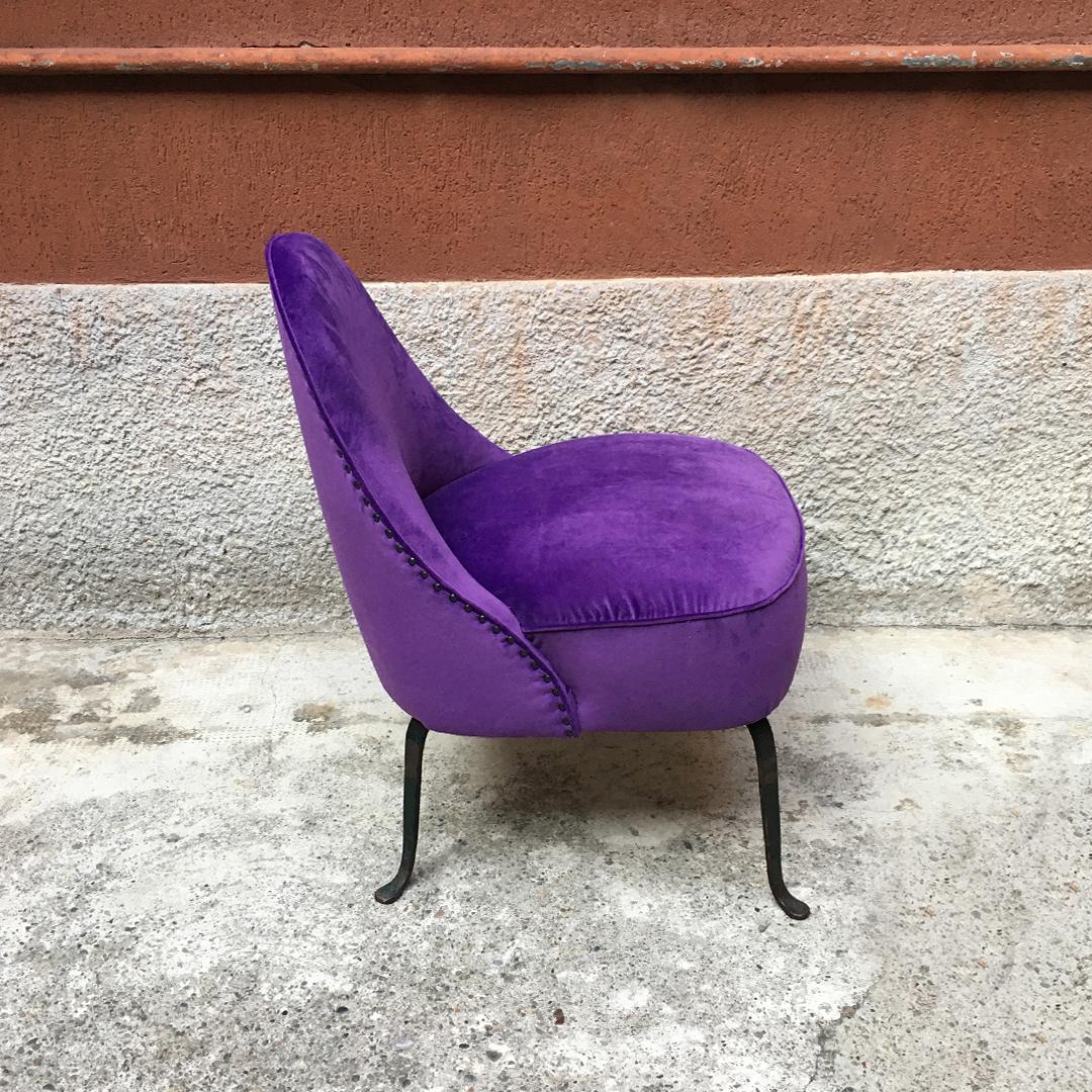 Italian Midcentury Purple Velvet and Metal Legs Set of Armchairs, 1950s 3