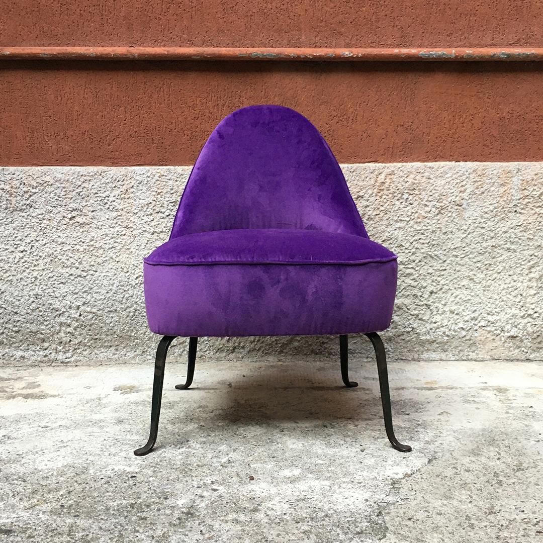 Italian Midcentury Purple Velvet and Metal Legs Set of Armchairs, 1950s 4