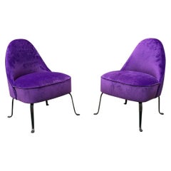 Italian Midcentury Purple Velvet and Metal Legs Set of Armchairs, 1950s