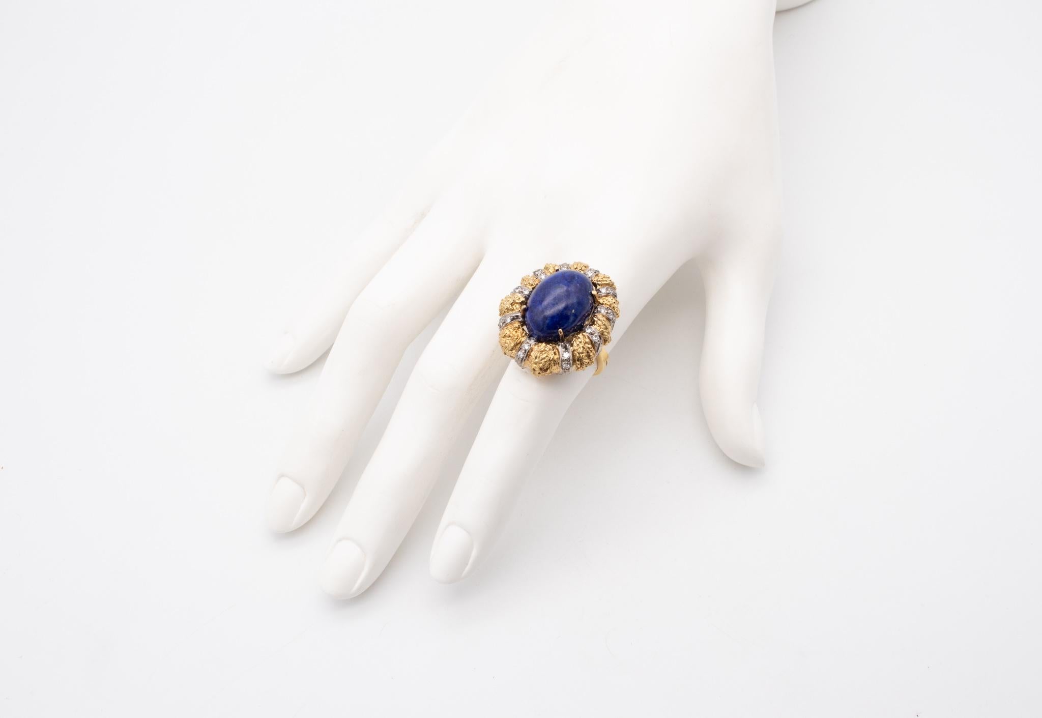 A vintage mid-century jeweled Cocktail Ring. 

Statement turban oval shaped ring created in Venice, Italy during the mid-century period, around the 1960's. It was crafted in solid 18 karats of very highly textured yellow gold with plaques accents in