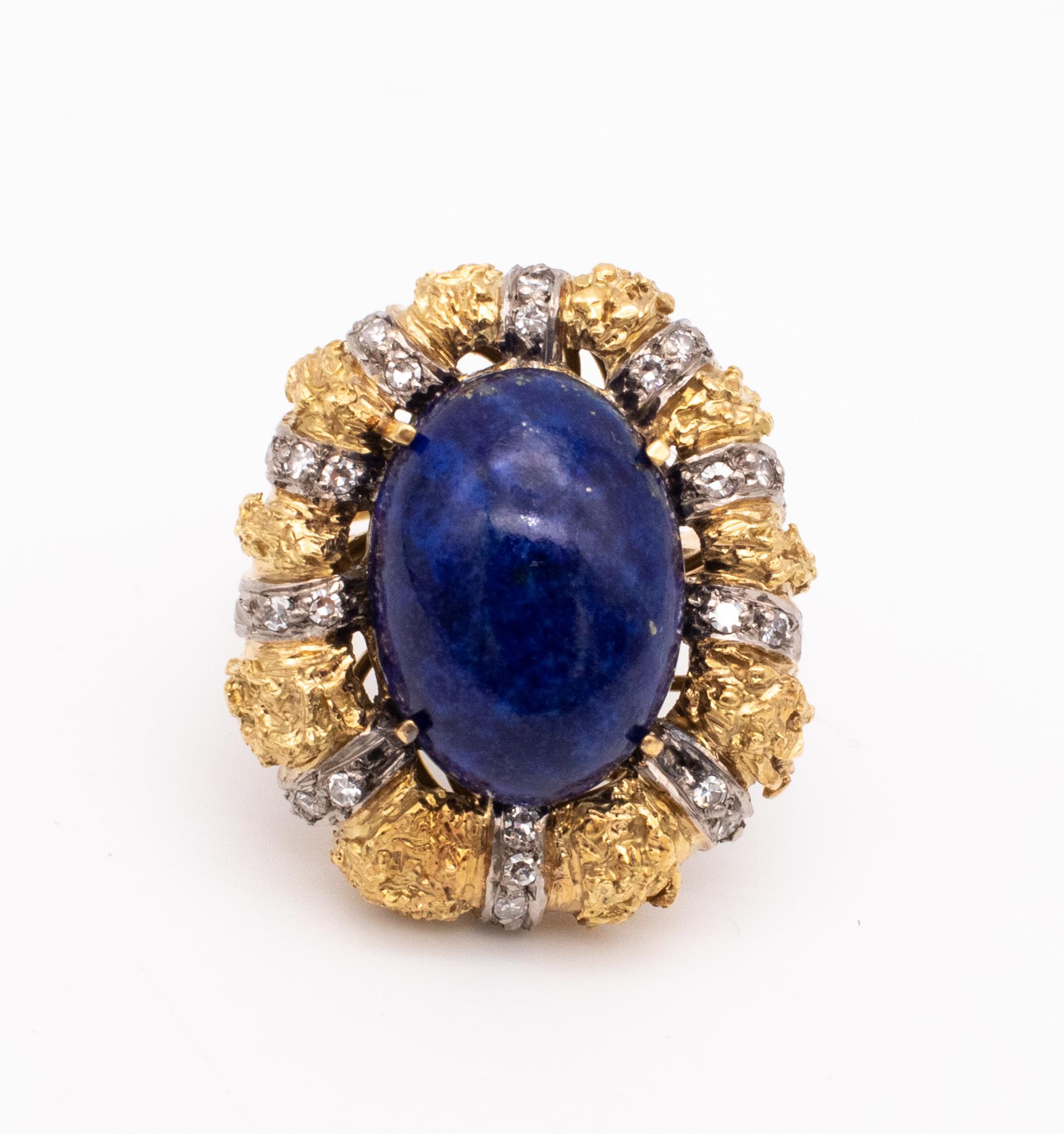 Italian Mid Century Rare Venetian 18Kt Cocktail Ring 12.42 Cts Diamonds Lapis In Excellent Condition In Miami, FL