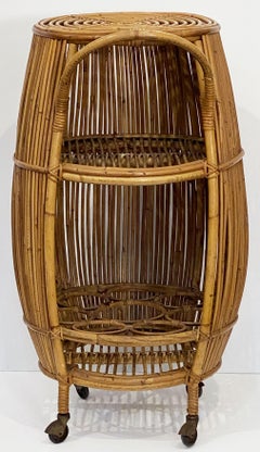 Italian Mid-Century Rattan and Bamboo Barrel-Shaped Bar Cart