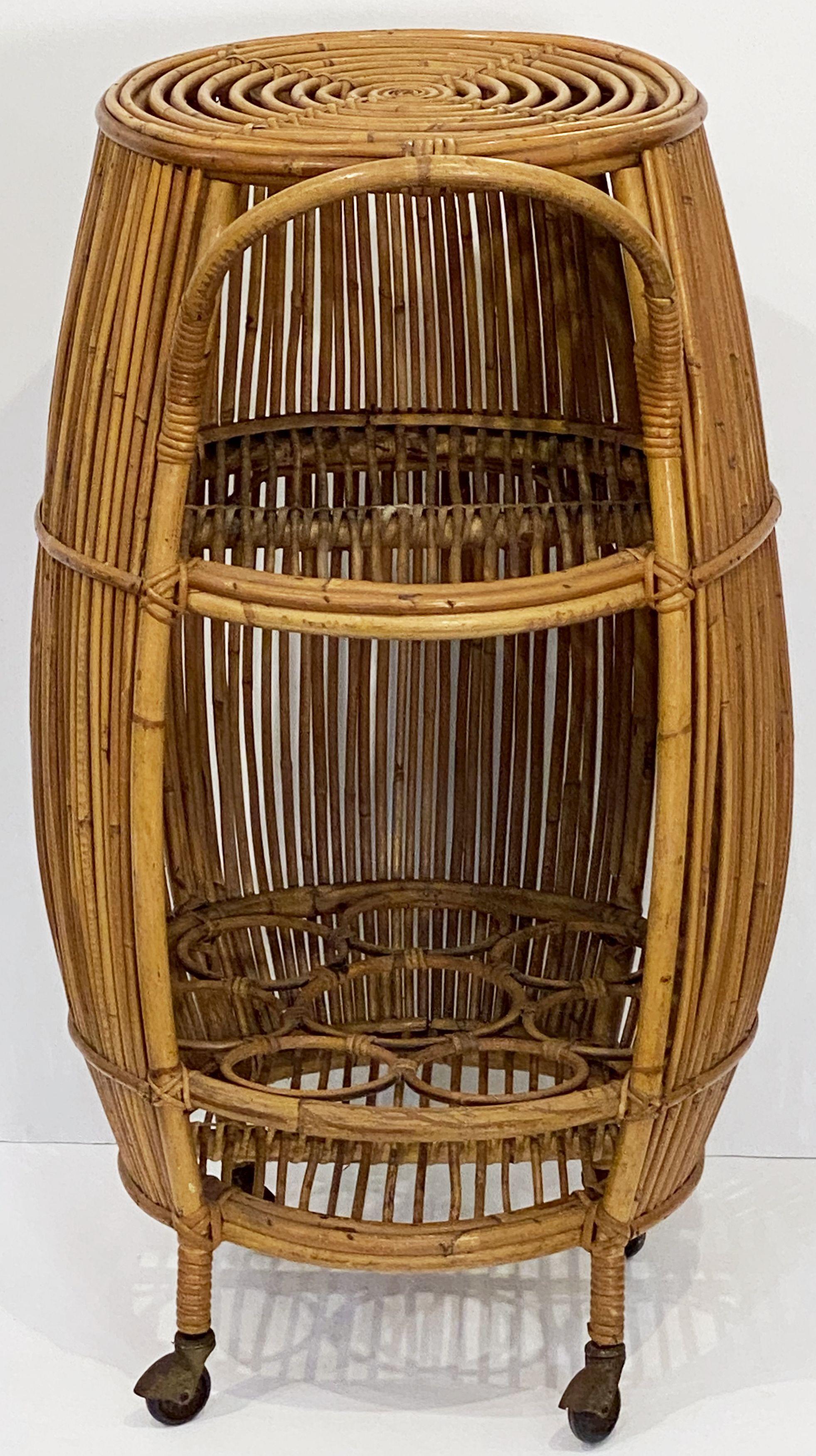 20th Century Italian Mid-Century Rattan and Bamboo Barrel-Shaped Bar Cart For Sale