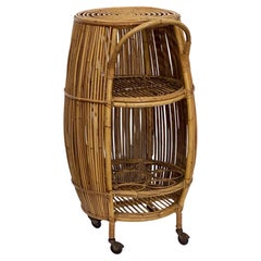 Italian Mid-Century Rattan and Bamboo Barrel-Shaped Bar Cart