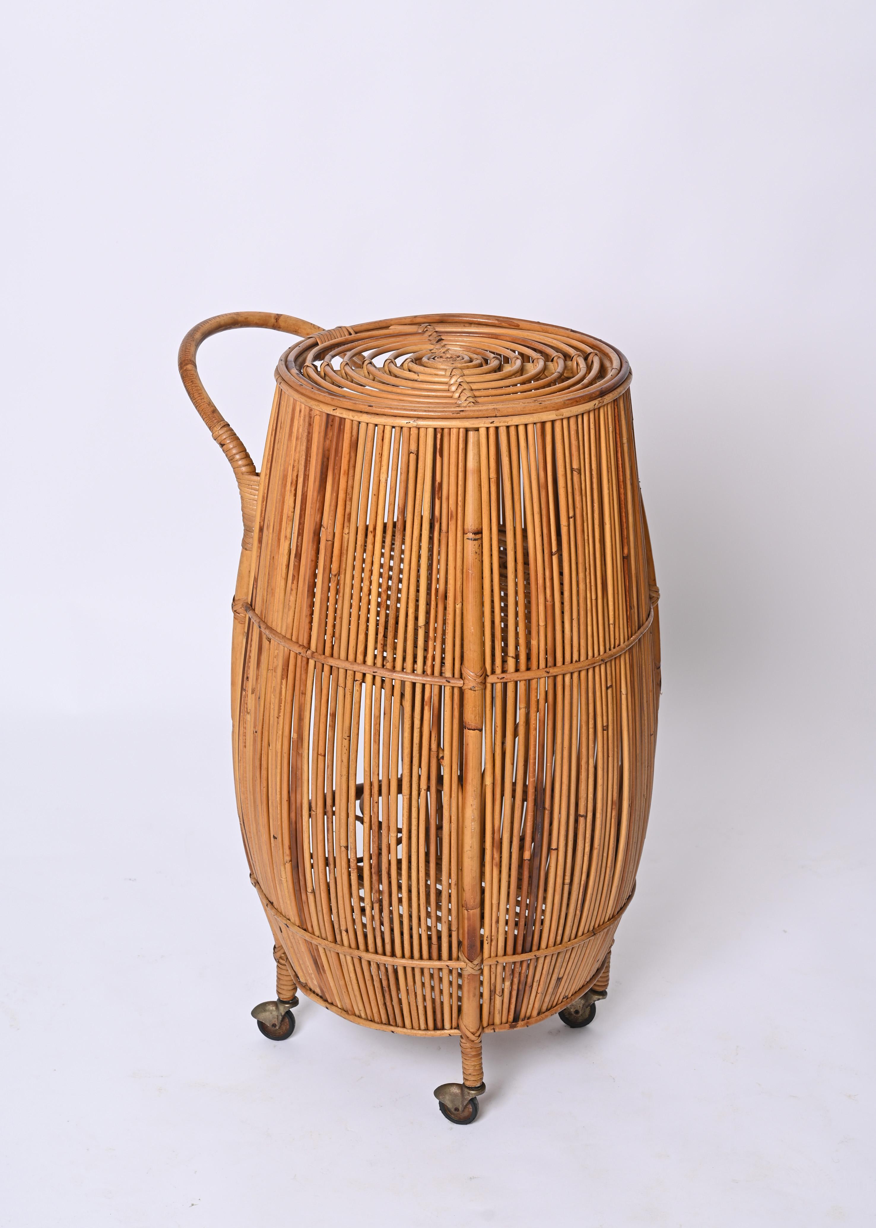 20th Century Italian Mid-Century Rattan and Bamboo Barrel-Shaped Bar Cart, Italy, 1960s For Sale