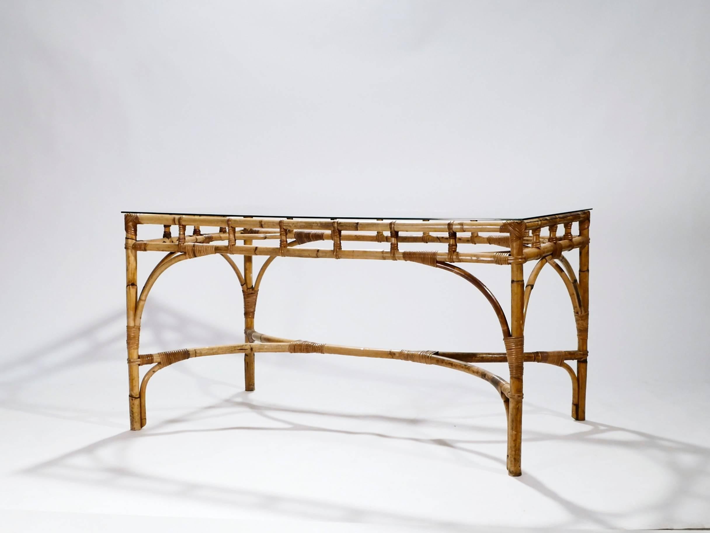 Italian Midcentury Rattan and Bamboo Table or Desk by Dal Vera, 1960s 1