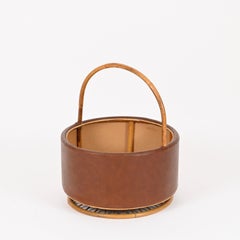 Italian Mid-Century Rattan and Leather Magazine or Decorative Basket, 1970s