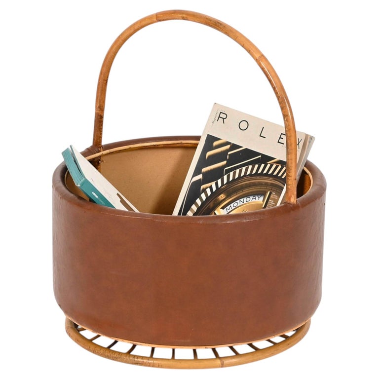 Italian Mid-Century Rattan and Leather Magazine or Decorative Basket, 1970s