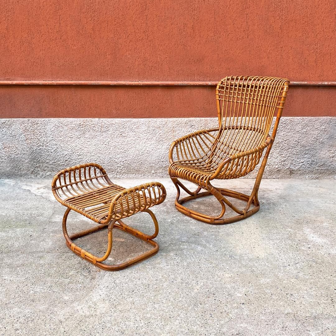 Italian Mid Century Modern rattan B4 armchair and pouf by Tito Agnoli for Bonacina, 1950s
Armchair mod. B4 with armrests and curved backrest complete with footrest, entirely in rattan.
Drawing by Tito Agnoli for Bonacina, 1950 ca. and gold medal