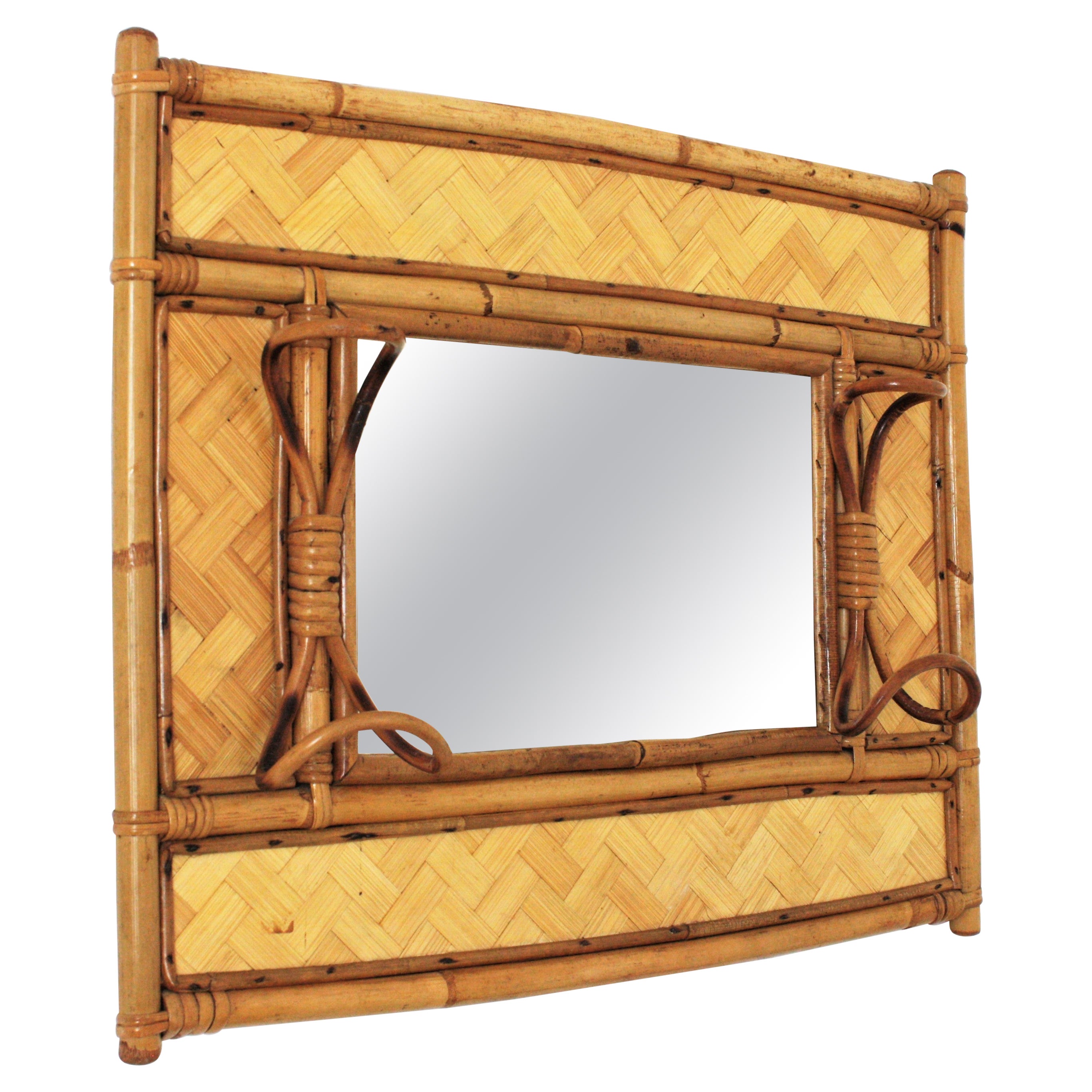 Italian Mid-century Rattan Bamboo Wall Mirror / Wall Coat Rack, 1960s
