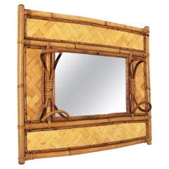 Italian Mid-century Rattan Bamboo Wall Mirror / Wall Coat Rack, 1960s