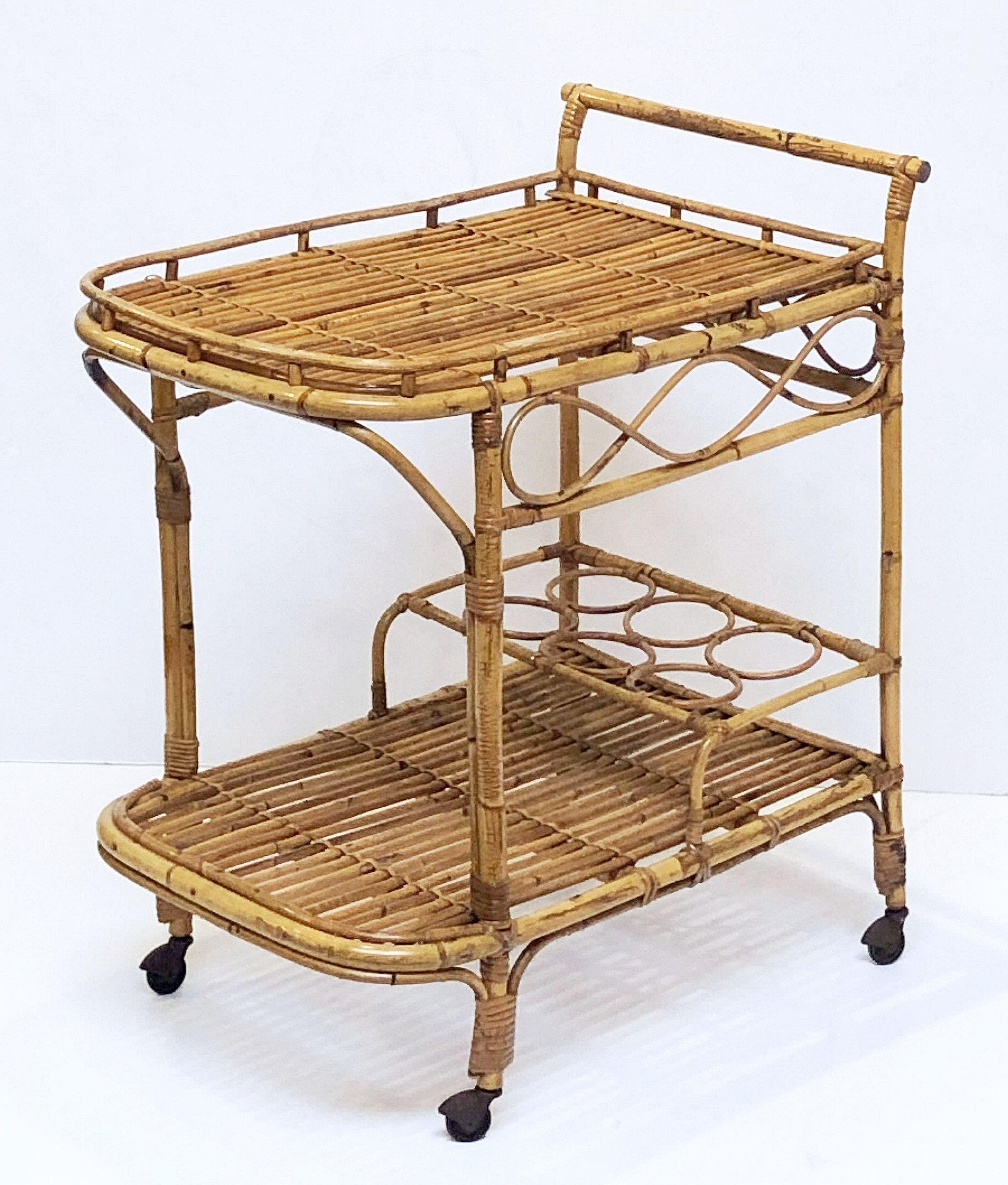 Mid-Century Modern Italian Midcentury Rattan Cane and Bamboo Drinks Cart For Sale