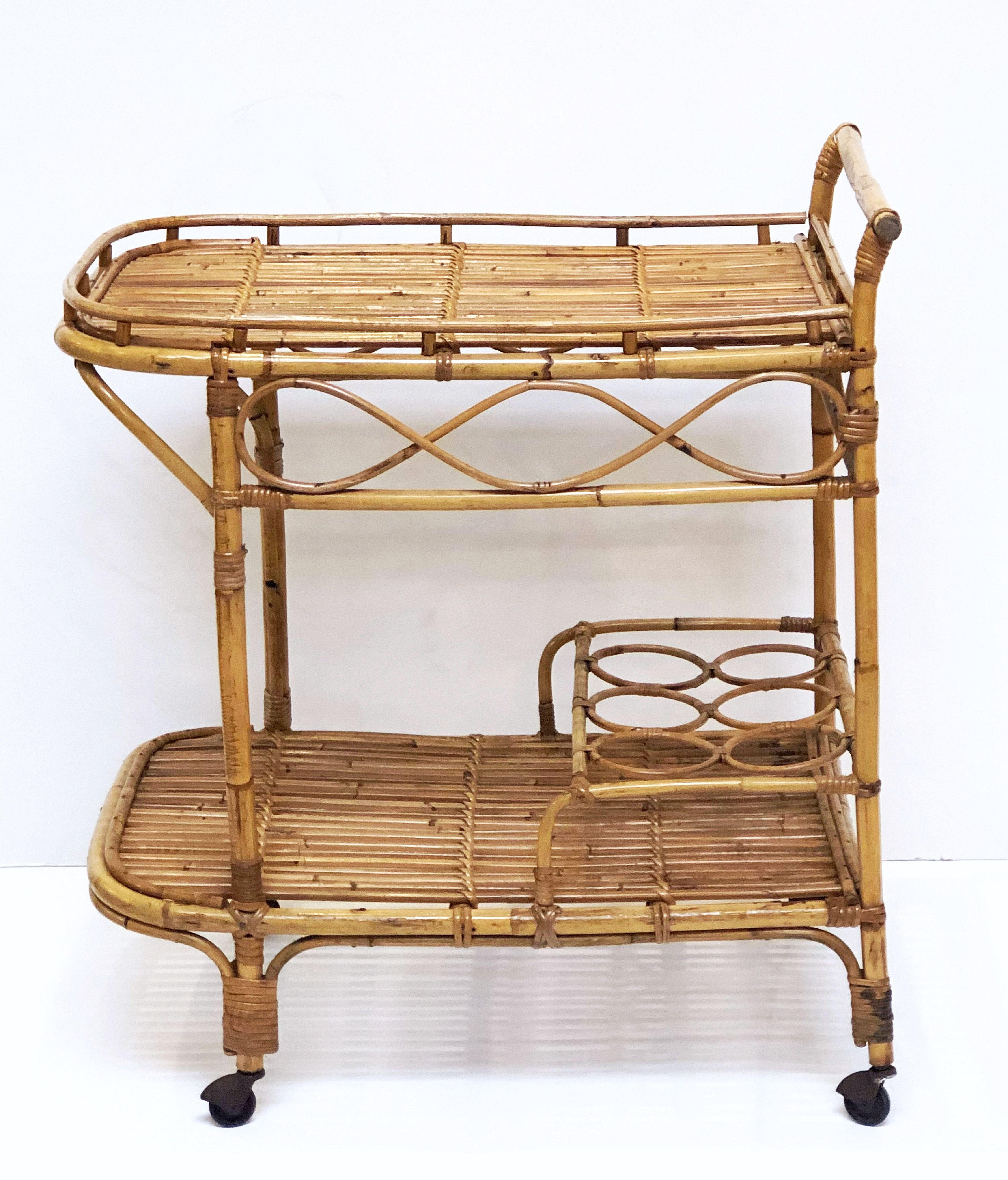 Metal Italian Midcentury Rattan Cane and Bamboo Drinks Cart For Sale