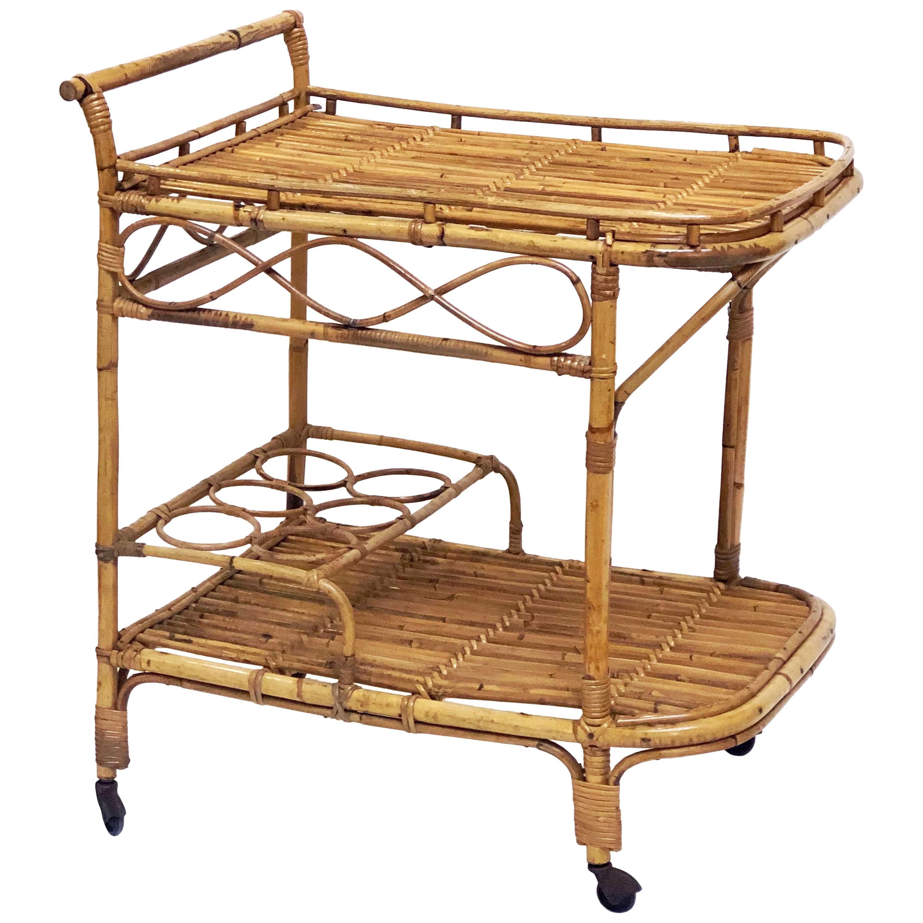 Italian Midcentury Rattan Cane and Bamboo Drinks Cart For Sale at 1stDibs cane drinks trolley
