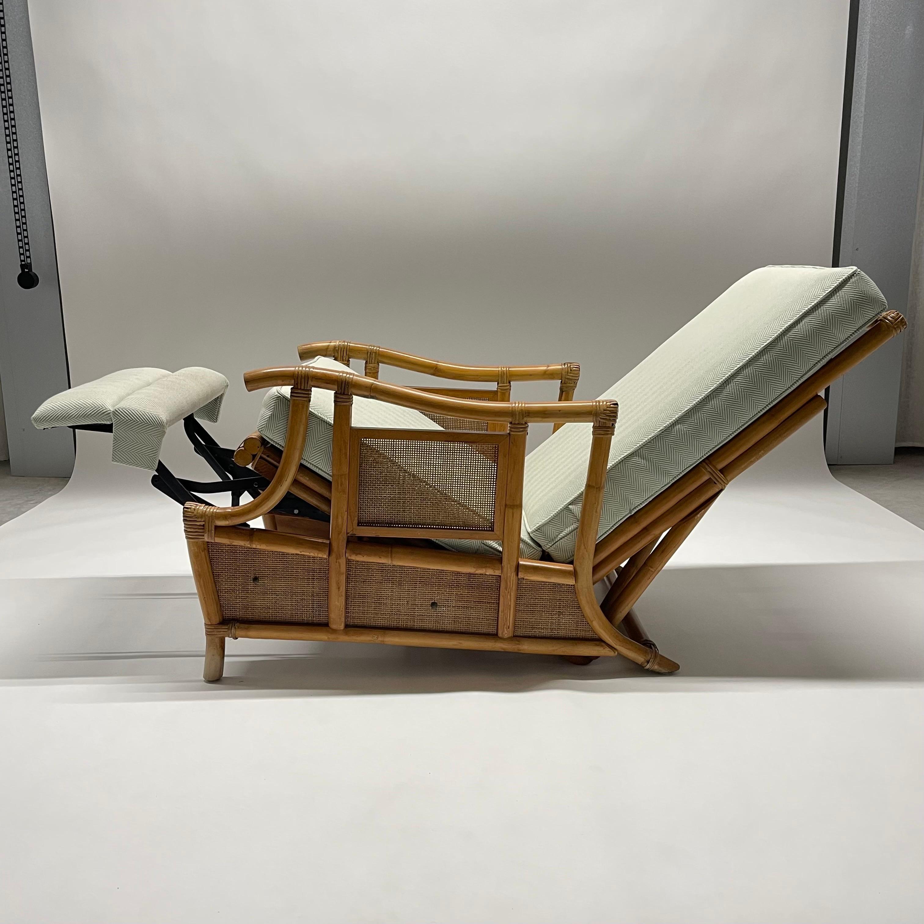 Fabric Italian Mid-Century Rattan Wicker Bamboo Recliner Lounge Chair, Italy, 1950s